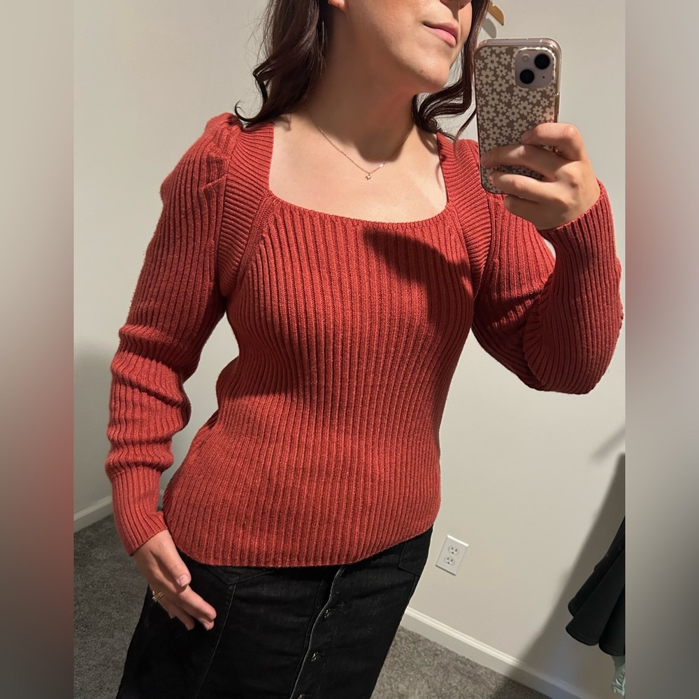 Miracle Ribbed Red Women’s Sweater with Tie Back Detail and Puffed Sleeve Design